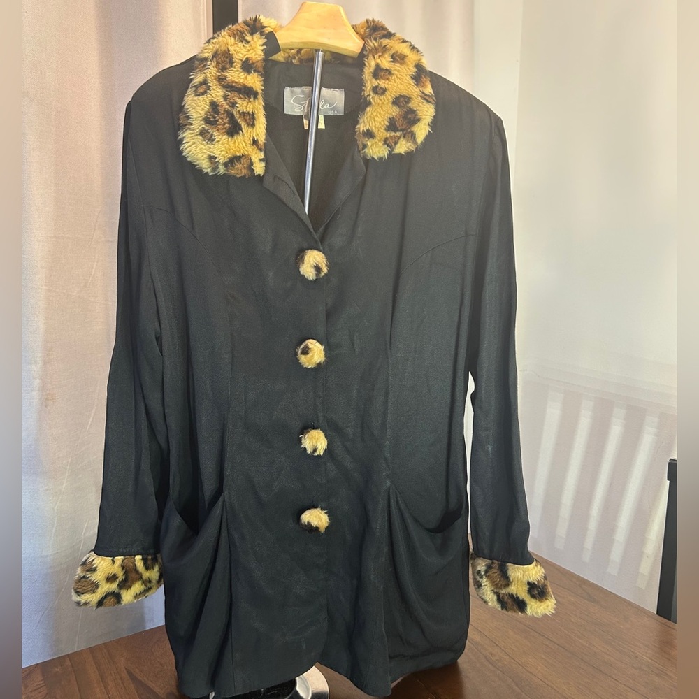 Stellah Black Blazer with Leopard Accents